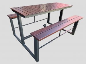 Outdoor table setting bar height with steel frame and timber top and seats attached